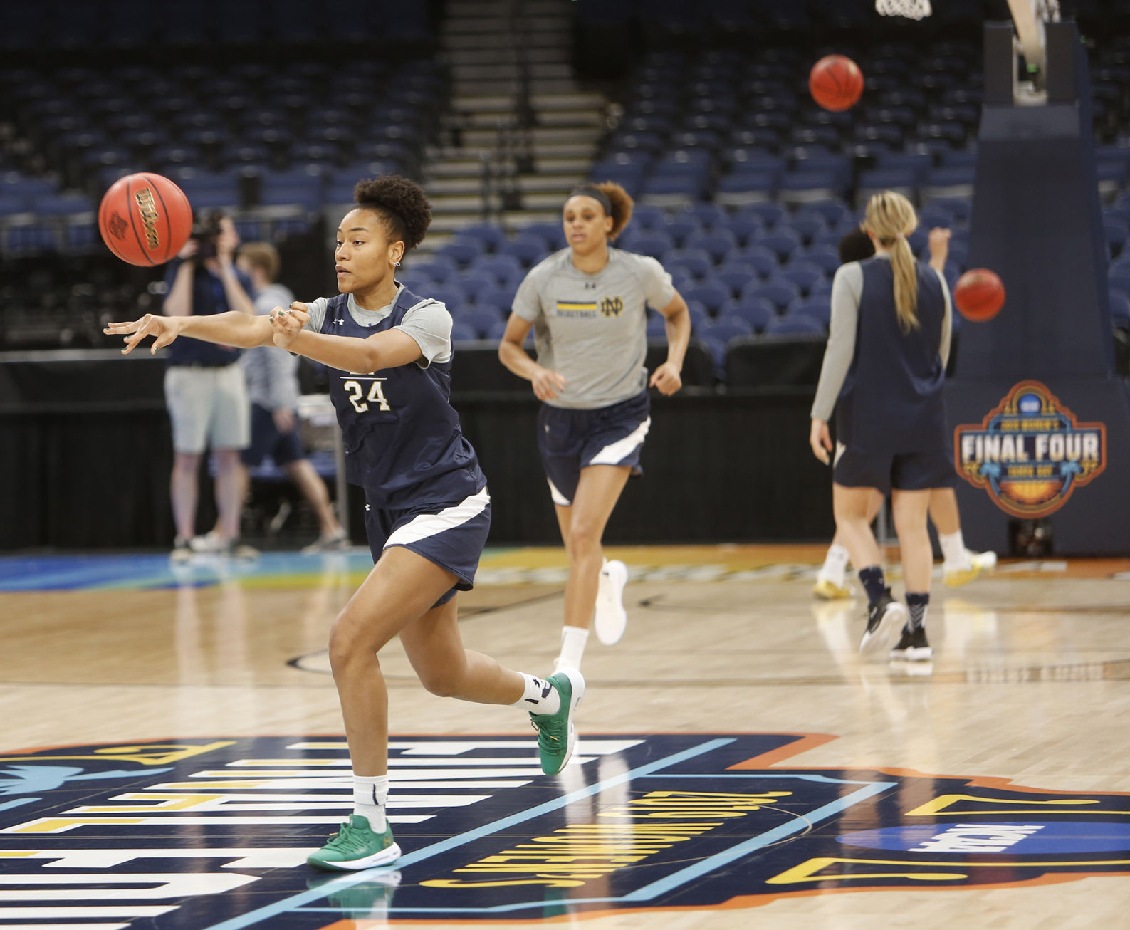Notre Dame's Mikayla Vaughn passes during drills in practice ahead of the NCAA Tournament's Final Four at the Amalie Arena in Tampa, Fla., on Thursday, April 4, 2019.